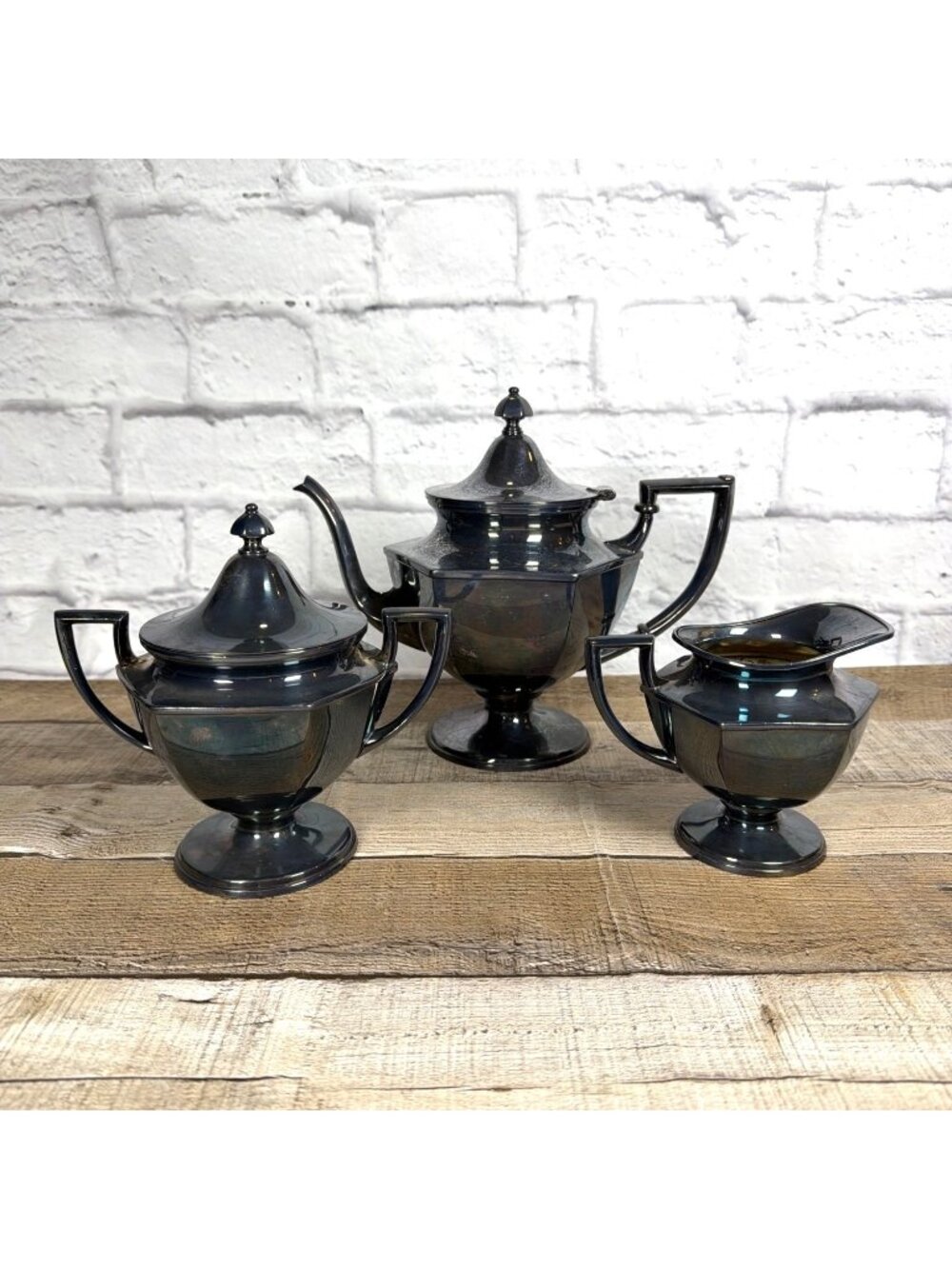 VTG Art Deco Homan Silver Plate 3 Piece Sugar Bowl Creamer Tea Coffee Pot Set